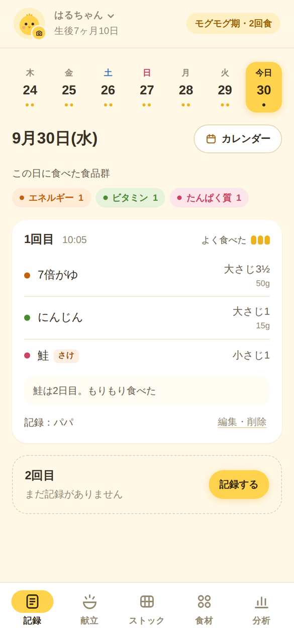 記録画面:日付ごとに1回目・2回目に食べた食材と量、食べっぷりが並ぶ
